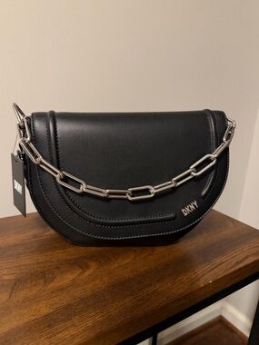 DKNY Black Leather Crossbody with Silver Chain